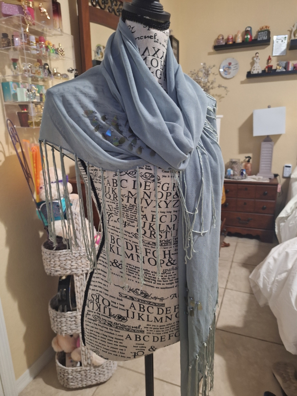 Light Blue Embellished Fringe Scarf - Brand